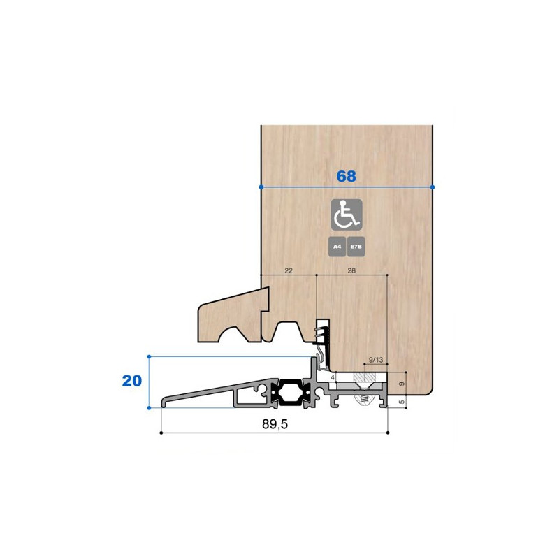 Seuil pont thermique H 20, porte 68 mm Gorge 22 mm Seuil pont thermique H 20, porte 68 mm Gorge 22 mm