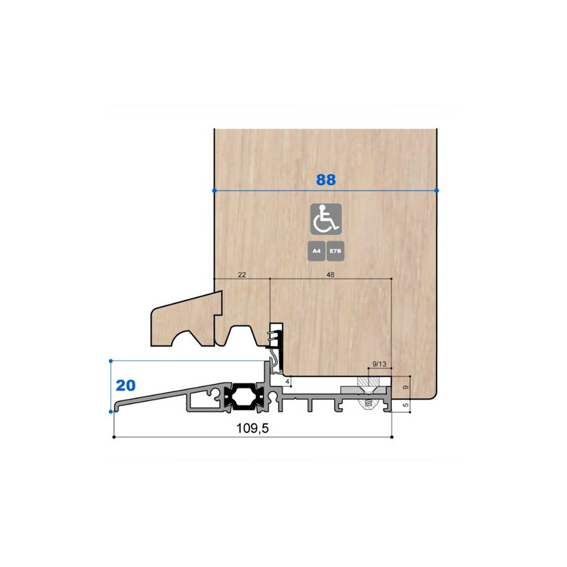 Seuil pont thermique H 20, porte 88 mm Gorge 22 mm Seuil pont thermique H 20, porte 88 mm Gorge 22 mm